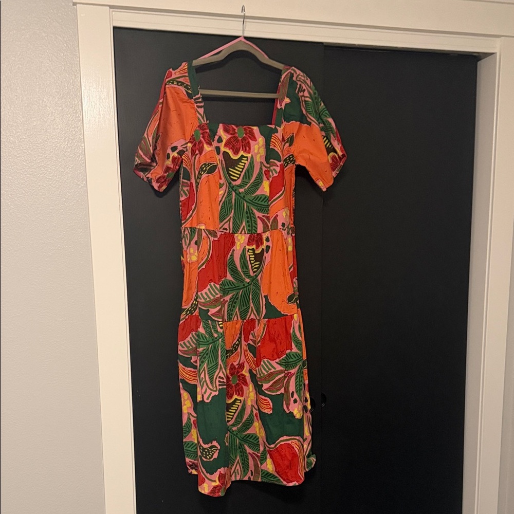 Tropical Floral Midi Dress in Orange and Green